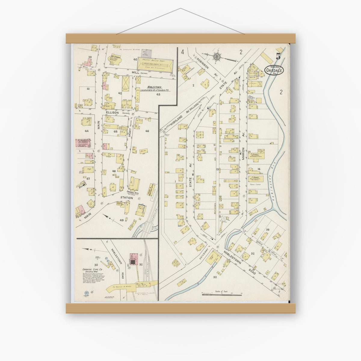 Old map wall art mockup — magnetic wood frame on white wall — Sanborn Fire Insurance Map from Oakdale, Allegheny County, Pennsylvania (1915), Sheet #0005