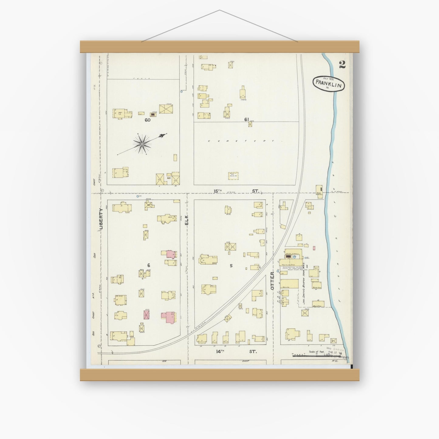 Old map wall art mockup — magnetic wood frame on white wall — Sanborn Fire Insurance Map from Franklin, Venango County, Pennsylvania (1891), Sheet #0002