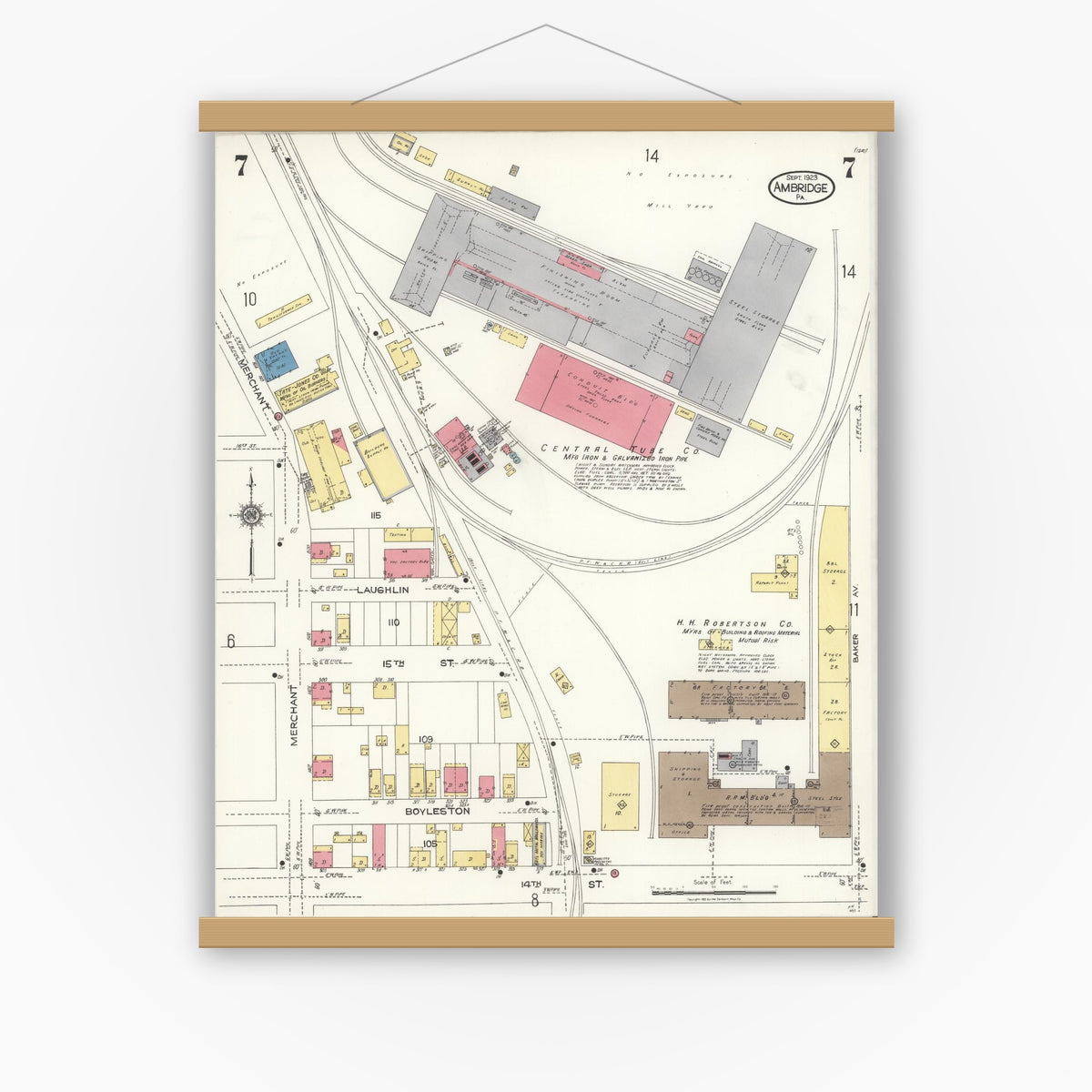 Old map wall art mockup — magnetic wood frame on white wall — Sanborn Fire Insurance Map from Ambridge, Beaver County, Pennsylvania (1923), Sheet #0007