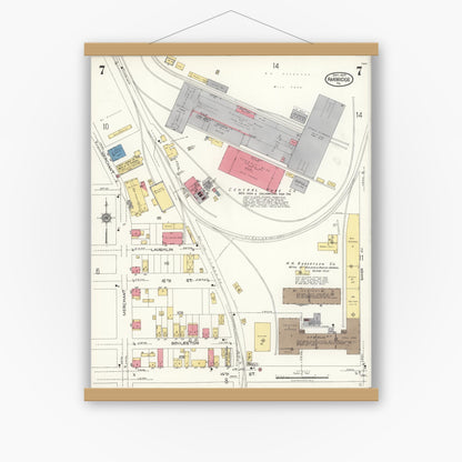 Old map wall art mockup — magnetic wood frame on white wall — Sanborn Fire Insurance Map from Ambridge, Beaver County, Pennsylvania (1923), Sheet #0007