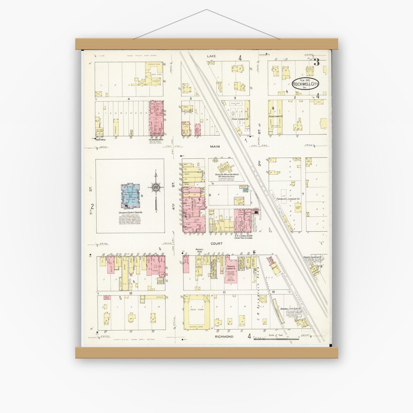 Old map wall art mockup — magnetic wood frame on white wall — Sanborn Fire Insurance Map from Rockwell City, Calhoun County, Iowa (1915), Sheet #0003
