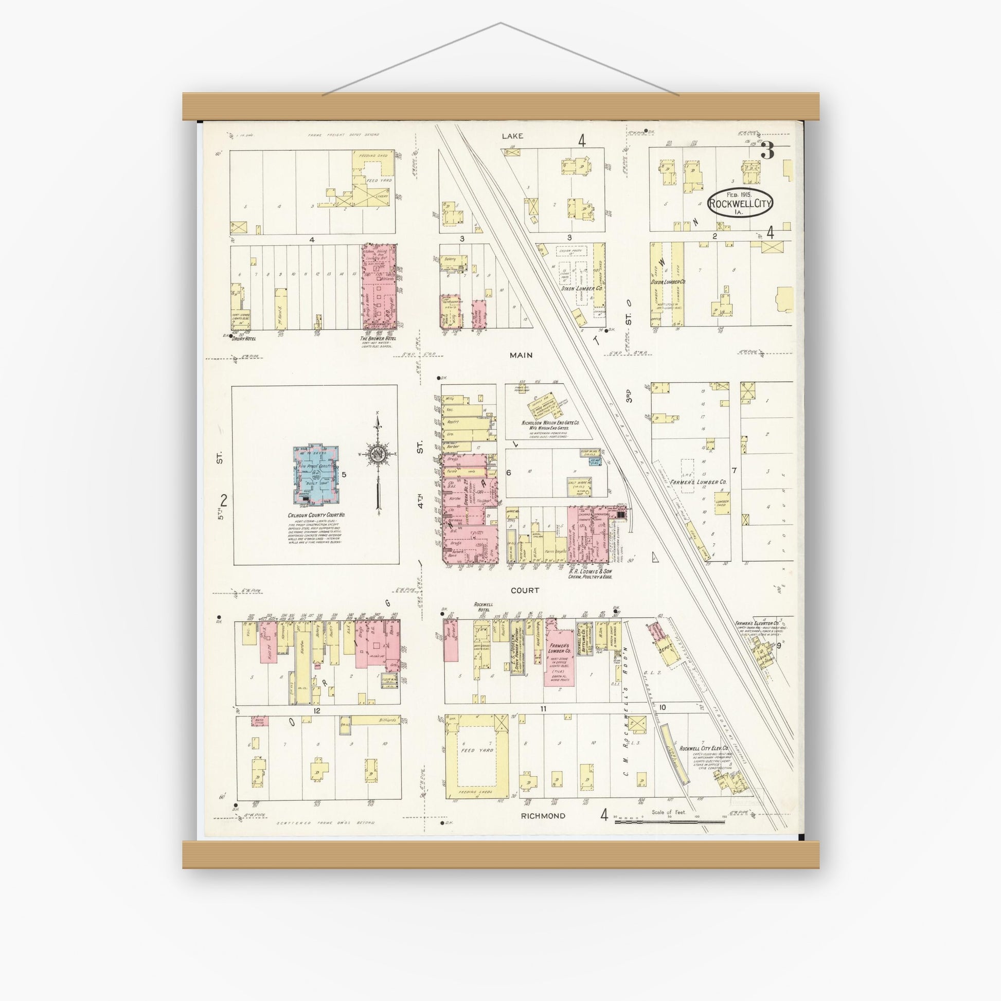 Old map wall art mockup — magnetic wood frame on white wall — Sanborn Fire Insurance Map from Rockwell City, Calhoun County, Iowa (1915), Sheet #0003