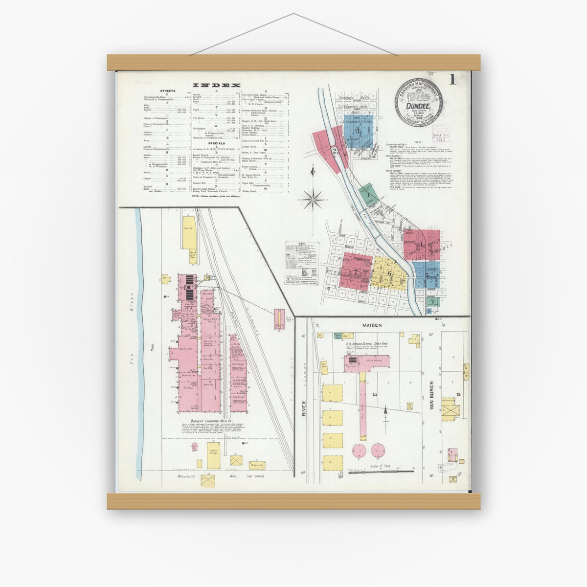Old map wall art mockup — magnetic wood frame on white wall — Sanborn Fire Insurance Map from Dundee, Kane County, Illinois (1905) - Complete Map Set