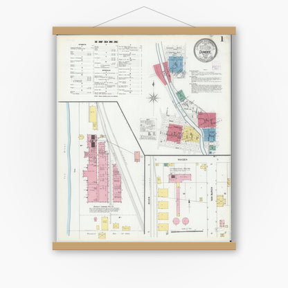 Old map wall art mockup — magnetic wood frame on white wall — Sanborn Fire Insurance Map from Dundee, Kane County, Illinois (1905) - Complete Map Set