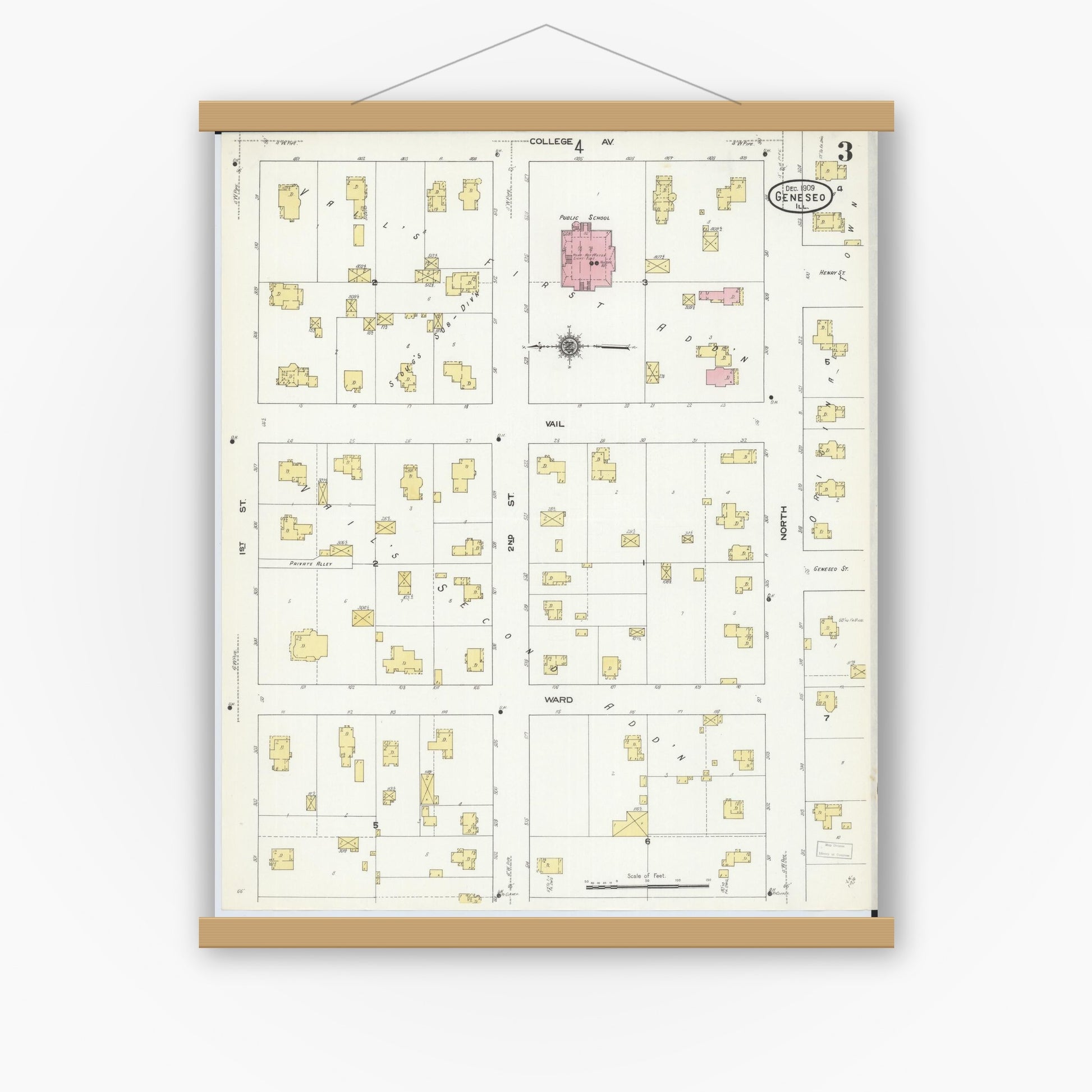 Old map wall art mockup — magnetic wood frame on white wall — Sanborn Fire Insurance Map from Geneseo, Henry County, Illinois (1909), Sheet #0003