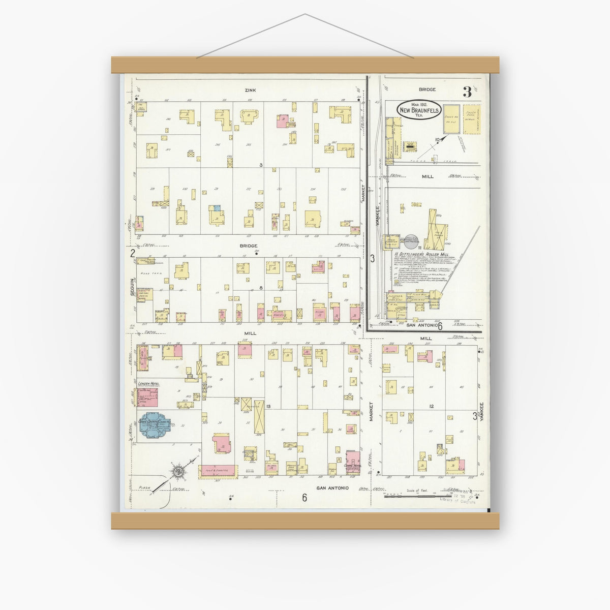 Old map wall art mockup — magnetic wood frame on white wall — Sanborn Fire Insurance Map from New Braunfels, Comal County, Texas (1912), Sheet #0003