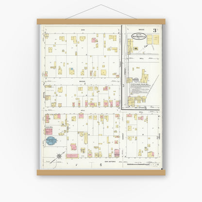 Old map wall art mockup — magnetic wood frame on white wall — Sanborn Fire Insurance Map from New Braunfels, Comal County, Texas (1912), Sheet #0003