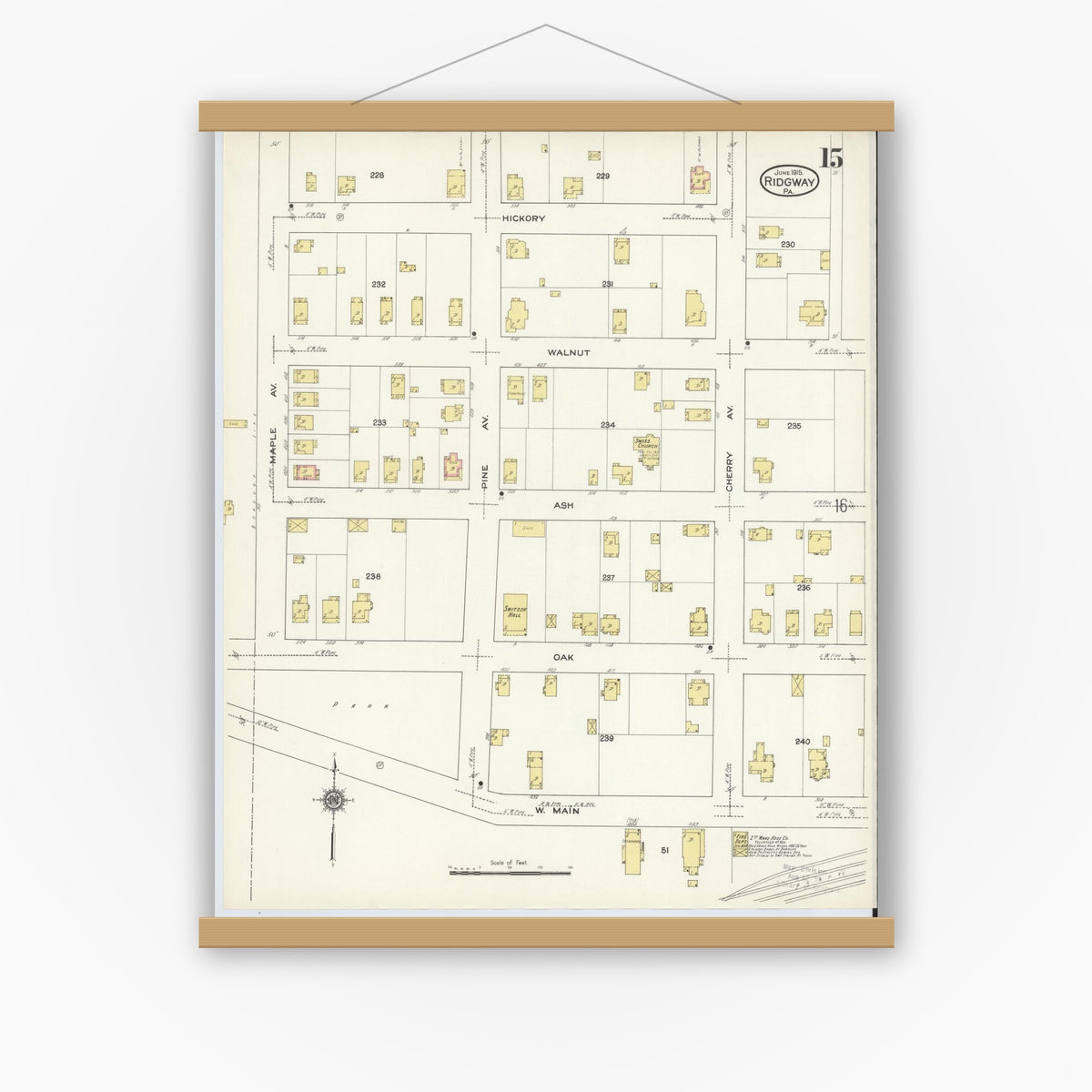 Old map wall art mockup — magnetic wood frame on white wall — Sanborn Fire Insurance Map from Ridgway, Elk County, Pennsylvania (1915), Sheet #0015