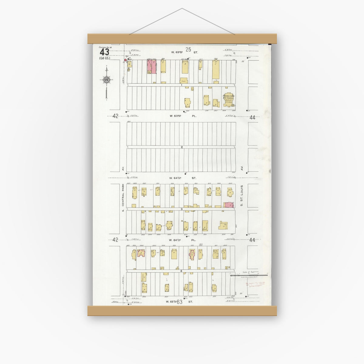 Old map wall art mockup — magnetic wood frame on white wall — Sanborn Fire Insurance Map from Chicago, Cook County, Illinois (1920), Sheet #0043