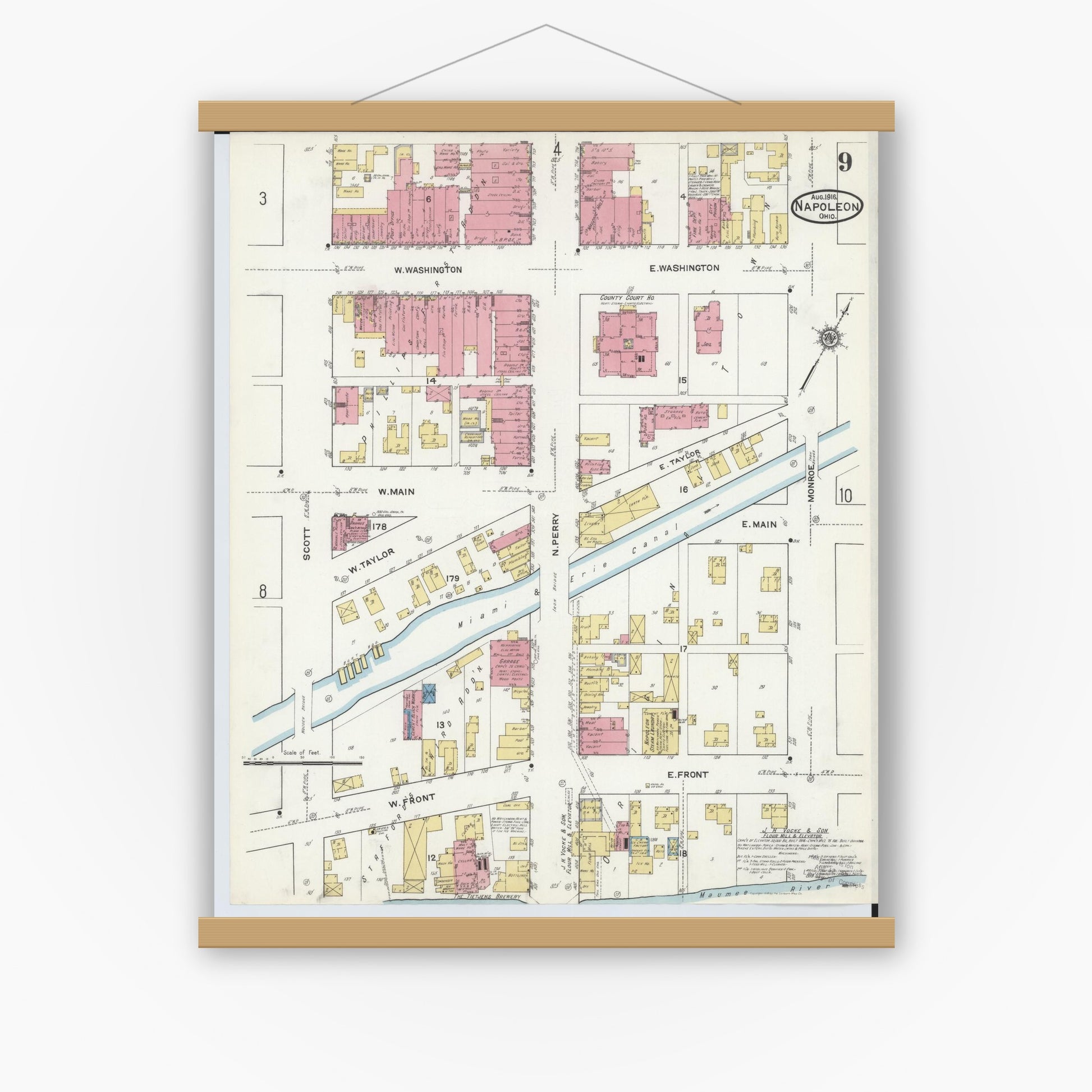 Old map wall art mockup — magnetic wood frame on white wall — Sanborn Fire Insurance Map from Napoleon, Henry County, Ohio (1916), Sheet #0009