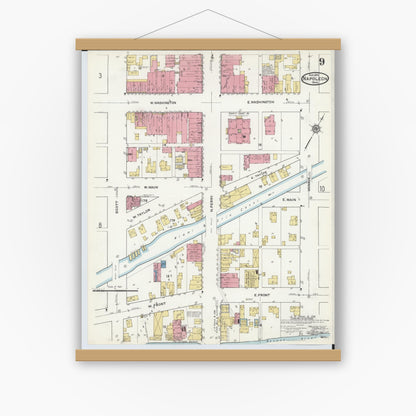 Old map wall art mockup — magnetic wood frame on white wall — Sanborn Fire Insurance Map from Napoleon, Henry County, Ohio (1916), Sheet #0009