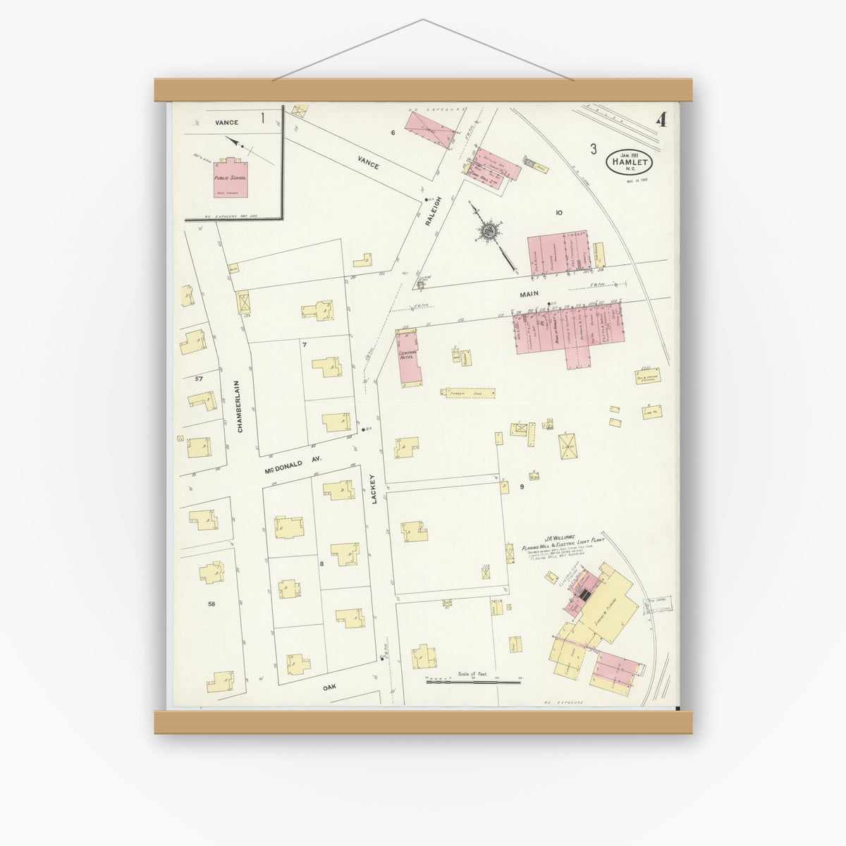 Old map wall art mockup — magnetic wood frame on white wall — Sanborn Fire Insurance Map from Hamlet, Richmond County, North Carolina (1911), Sheet #0004