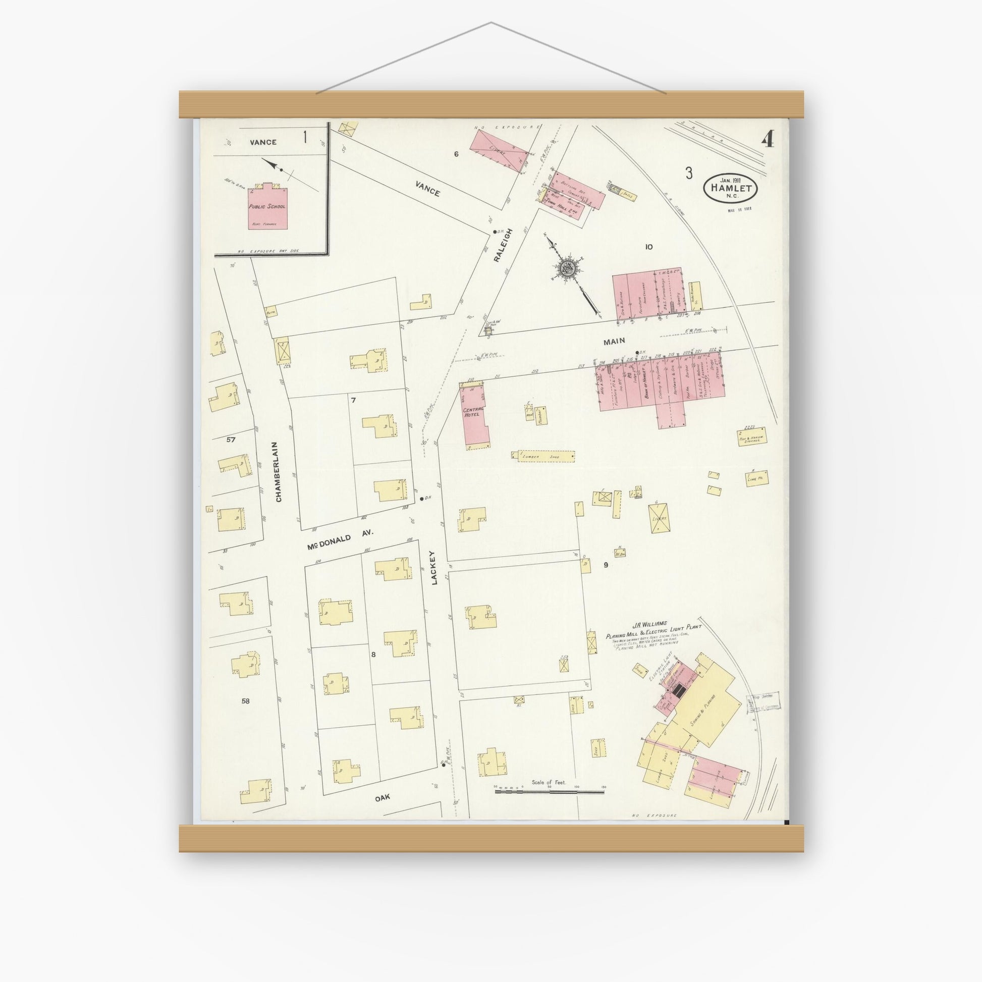 Old map wall art mockup — magnetic wood frame on white wall — Sanborn Fire Insurance Map from Hamlet, Richmond County, North Carolina (1911), Sheet #0004