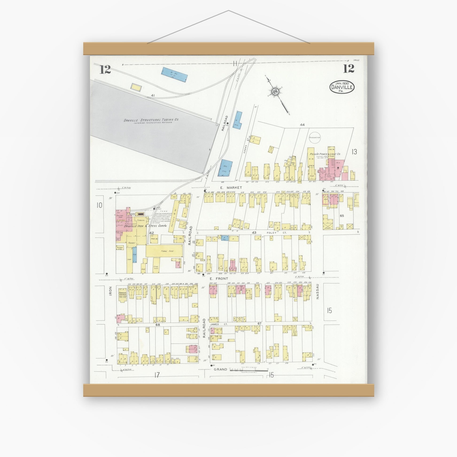 Old map wall art mockup — magnetic wood frame on white wall — Sanborn Fire Insurance Map from Danville, Montour County, Pennsylvania (1930), Sheet #0012