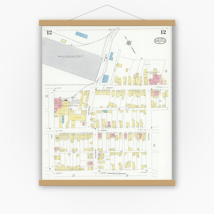 Old map wall art mockup — magnetic wood frame on white wall — Sanborn Fire Insurance Map from Danville, Montour County, Pennsylvania (1930), Sheet #0012