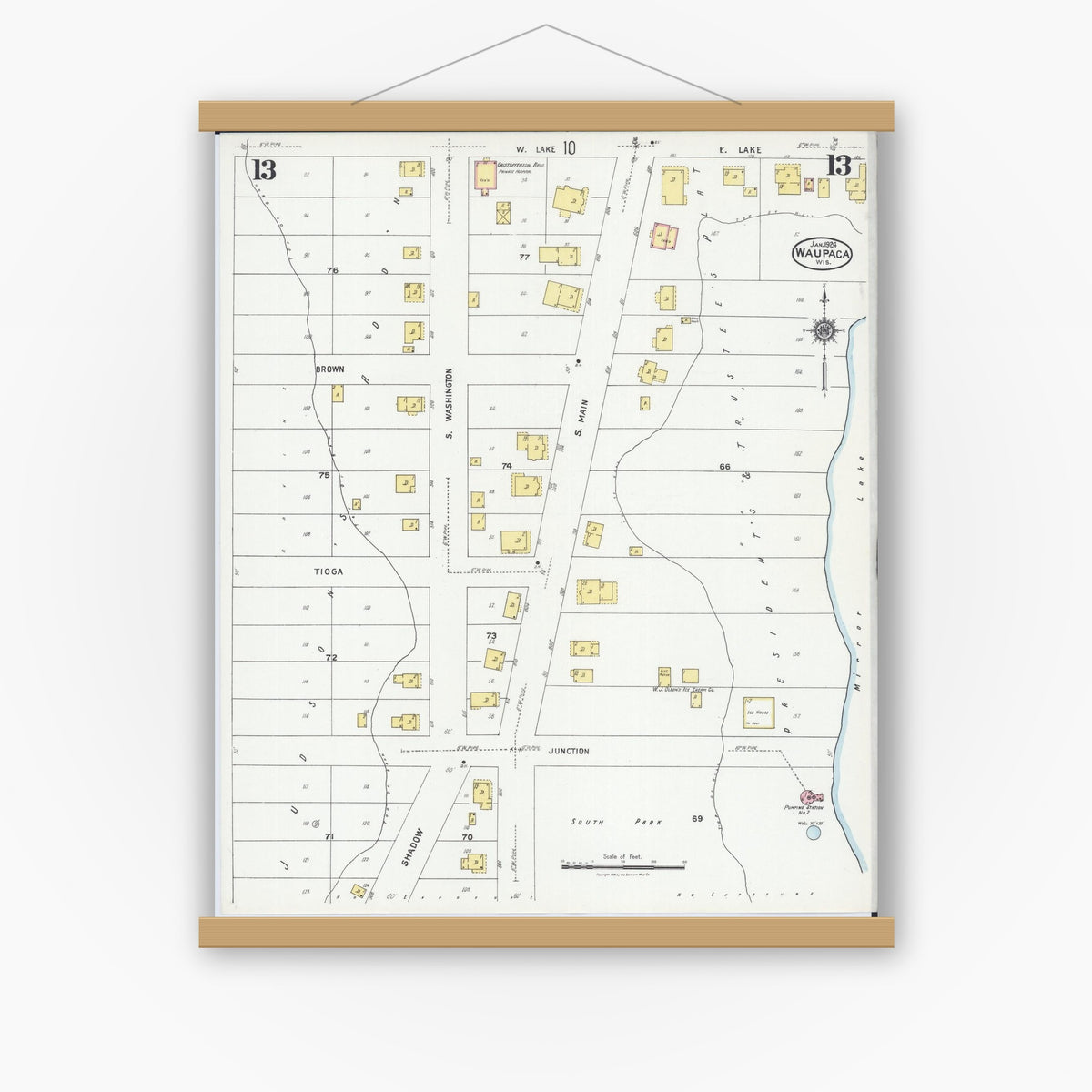 Old map wall art mockup — magnetic wood frame on white wall — Sanborn Fire Insurance Map from Waupaca, Waupaca County, Wisconsin (1924), Sheet #0013