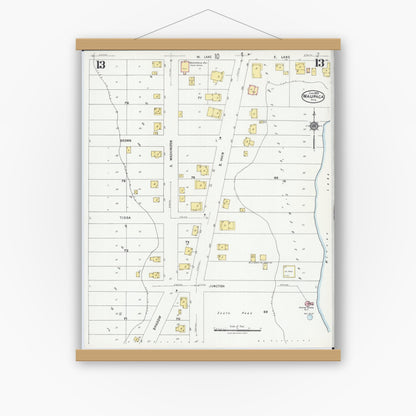 Old map wall art mockup — magnetic wood frame on white wall — Sanborn Fire Insurance Map from Waupaca, Waupaca County, Wisconsin (1924), Sheet #0013