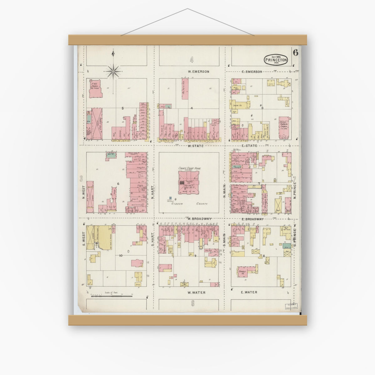 Old map wall art mockup — magnetic wood frame on white wall — Sanborn Fire Insurance Map from Princeton, Gibson County, Indiana (1895), Sheet #0006