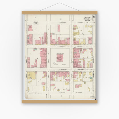 Old map wall art mockup — magnetic wood frame on white wall — Sanborn Fire Insurance Map from Princeton, Gibson County, Indiana (1895), Sheet #0006