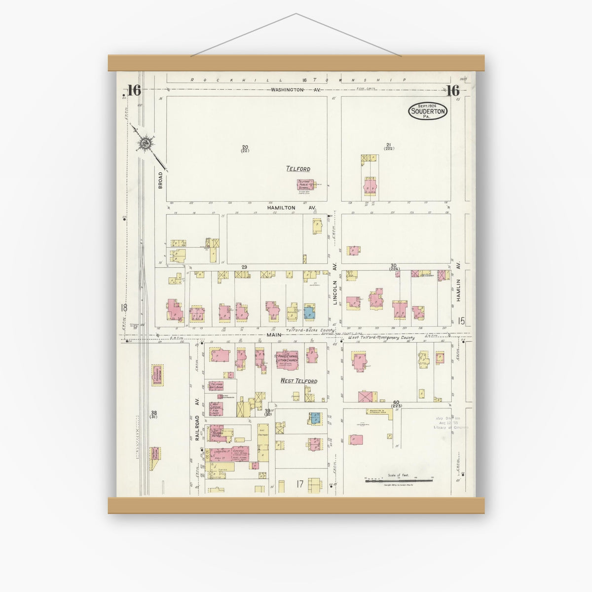 Old map wall art mockup — magnetic wood frame on white wall — Sanborn Fire Insurance Map from Souderton, Montgomery County, Pennsylvania (1924), Sheet #0016