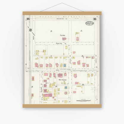 Old map wall art mockup — magnetic wood frame on white wall — Sanborn Fire Insurance Map from Souderton, Montgomery County, Pennsylvania (1924), Sheet #0016
