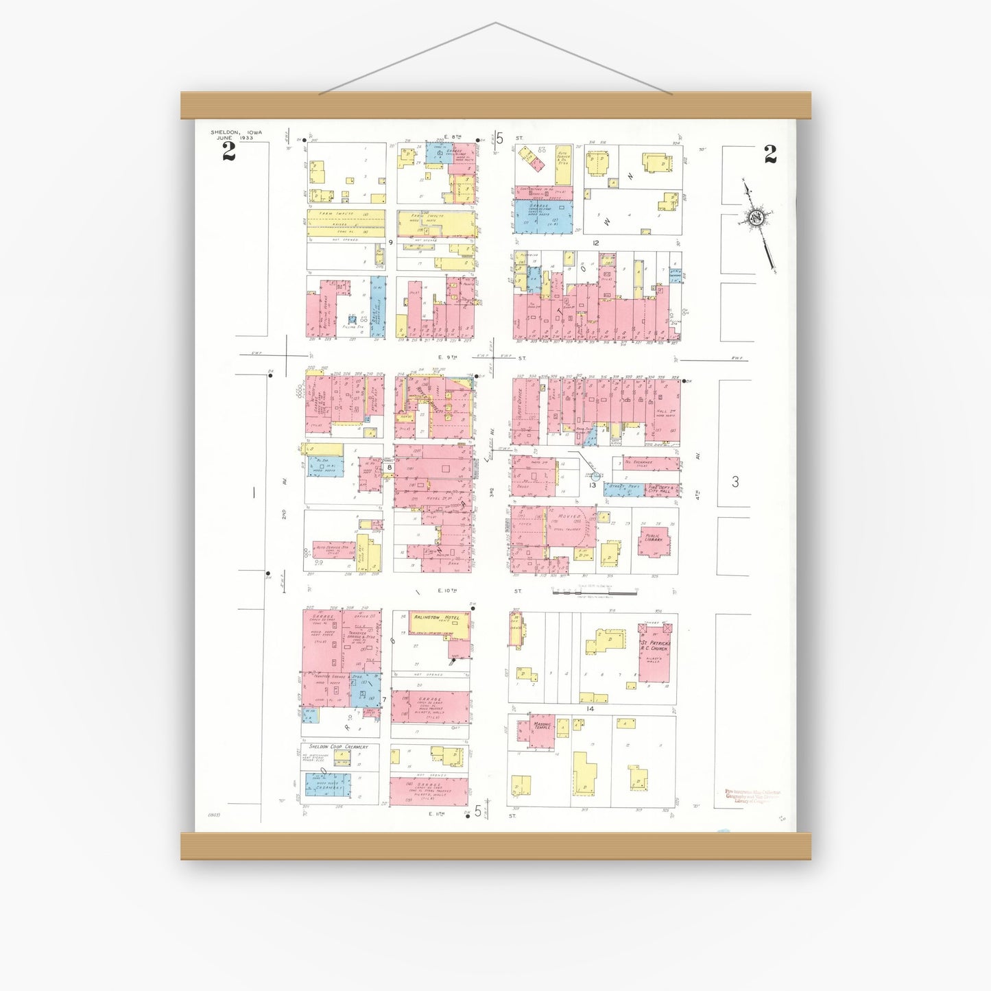 Old map wall art mockup — magnetic wood frame on white wall — Sanborn Fire Insurance Map from Sheldon, O'Brien County, Iowa (1933), Sheet #0002