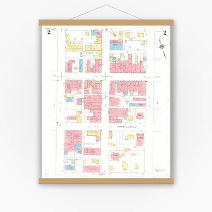 Old map wall art mockup — magnetic wood frame on white wall — Sanborn Fire Insurance Map from Sheldon, O'Brien County, Iowa (1933), Sheet #0002