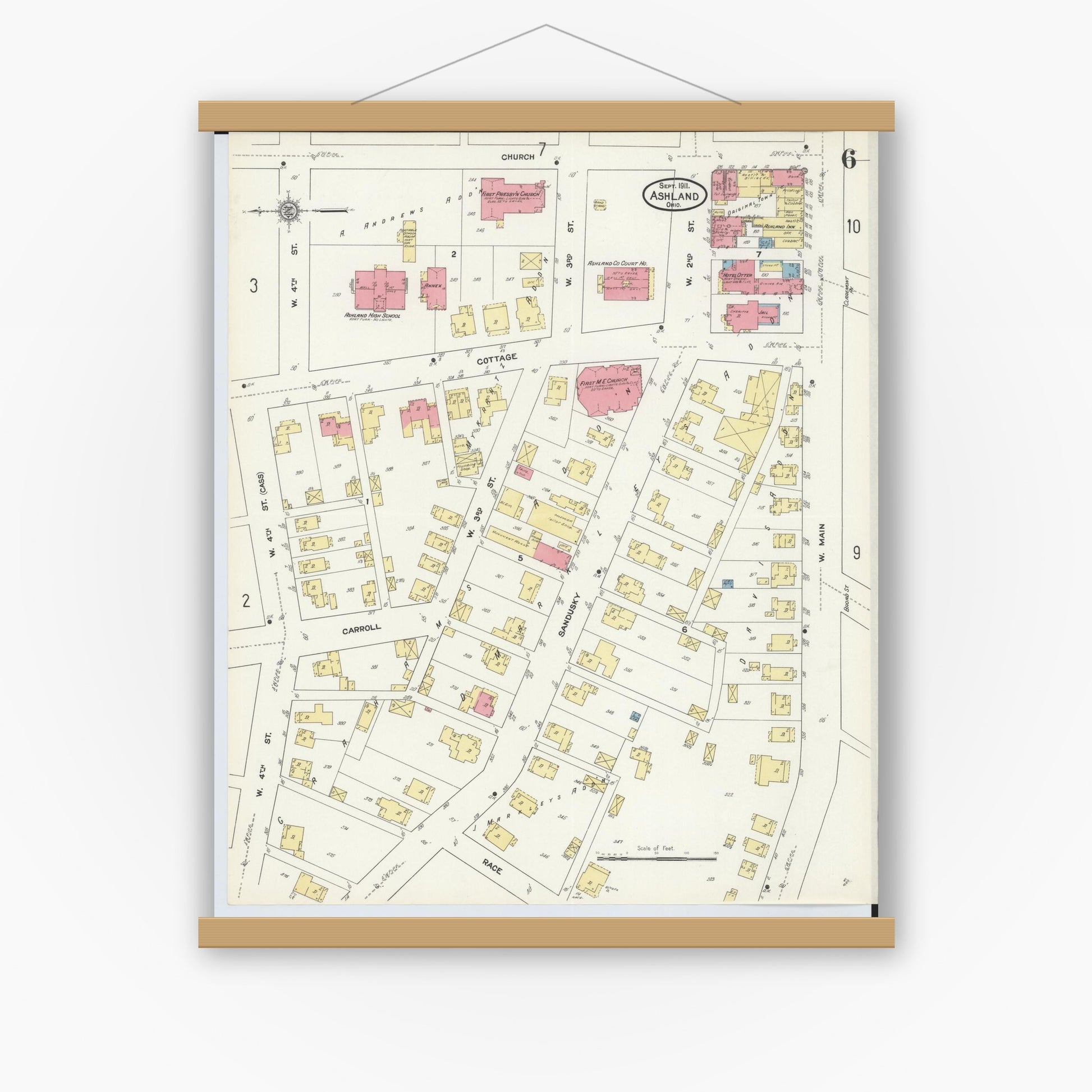 Old map wall art mockup — magnetic wood frame on white wall — Sanborn Fire Insurance Map from Ashland, Ashland County, Ohio (1911), Sheet #0006