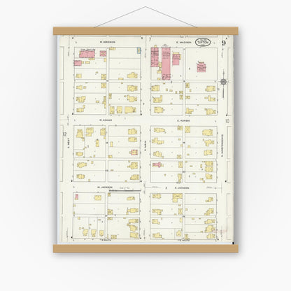 Old map wall art mockup — magnetic wood frame on white wall — Sanborn Fire Insurance Map from Tipton, Tipton County, Indiana (1915), Sheet #0009