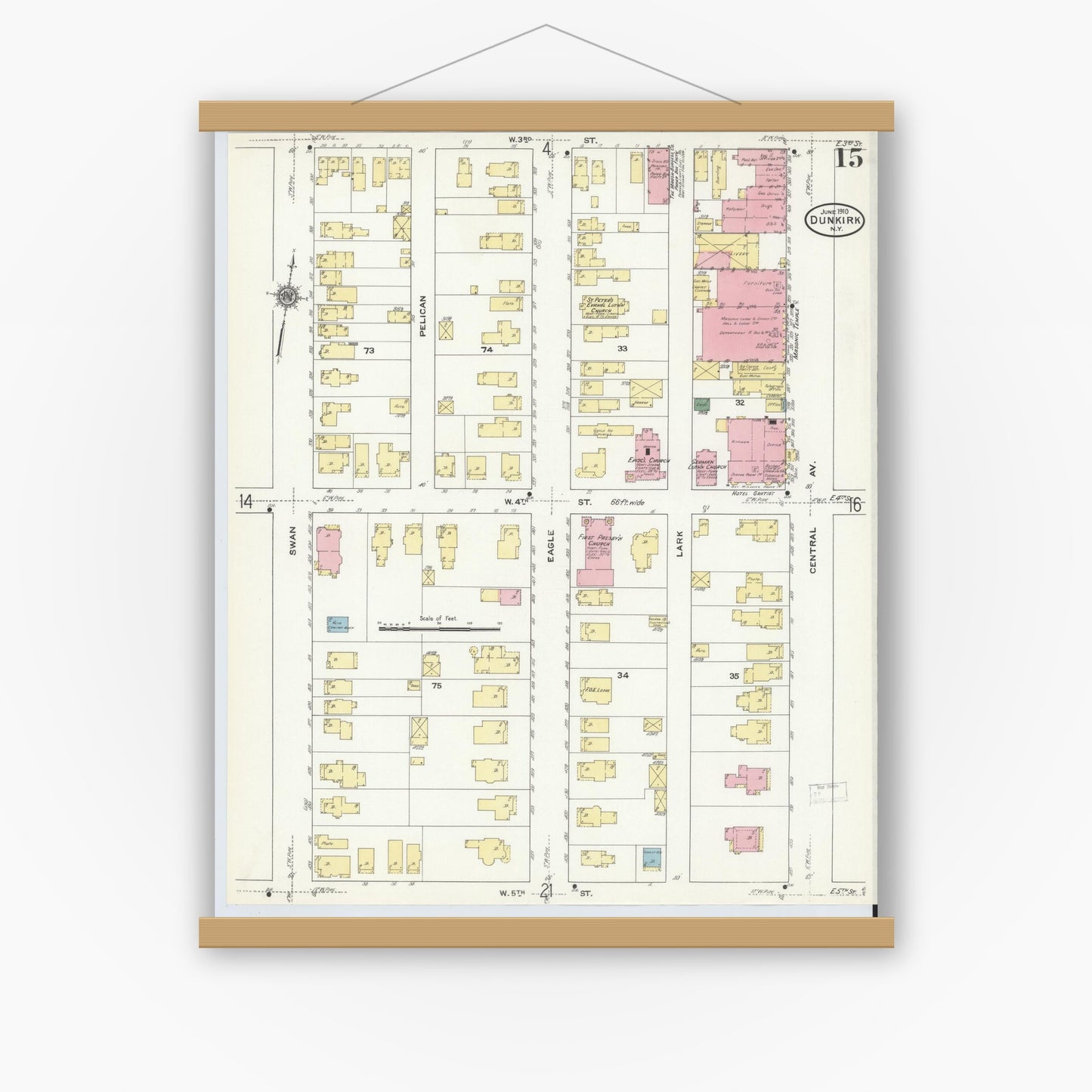Old map wall art mockup — magnetic wood frame on white wall — Sanborn Fire Insurance Map from Dunkirk, Chautauqua County, New York (1910), Sheet #0015
