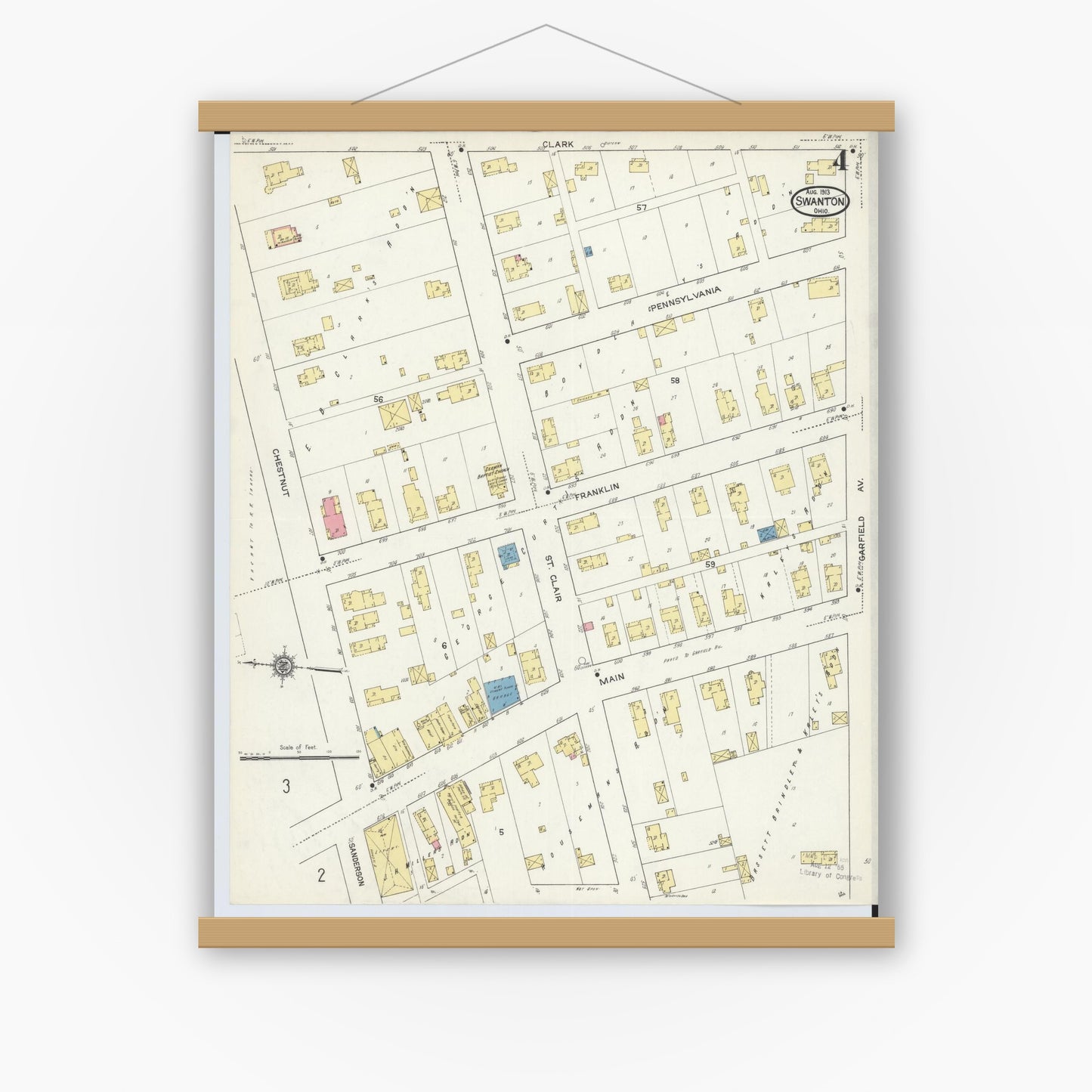 Old map wall art mockup — magnetic wood frame on white wall — Sanborn Fire Insurance Map from Swanton, Fulton County, Ohio (1913), Sheet #0004