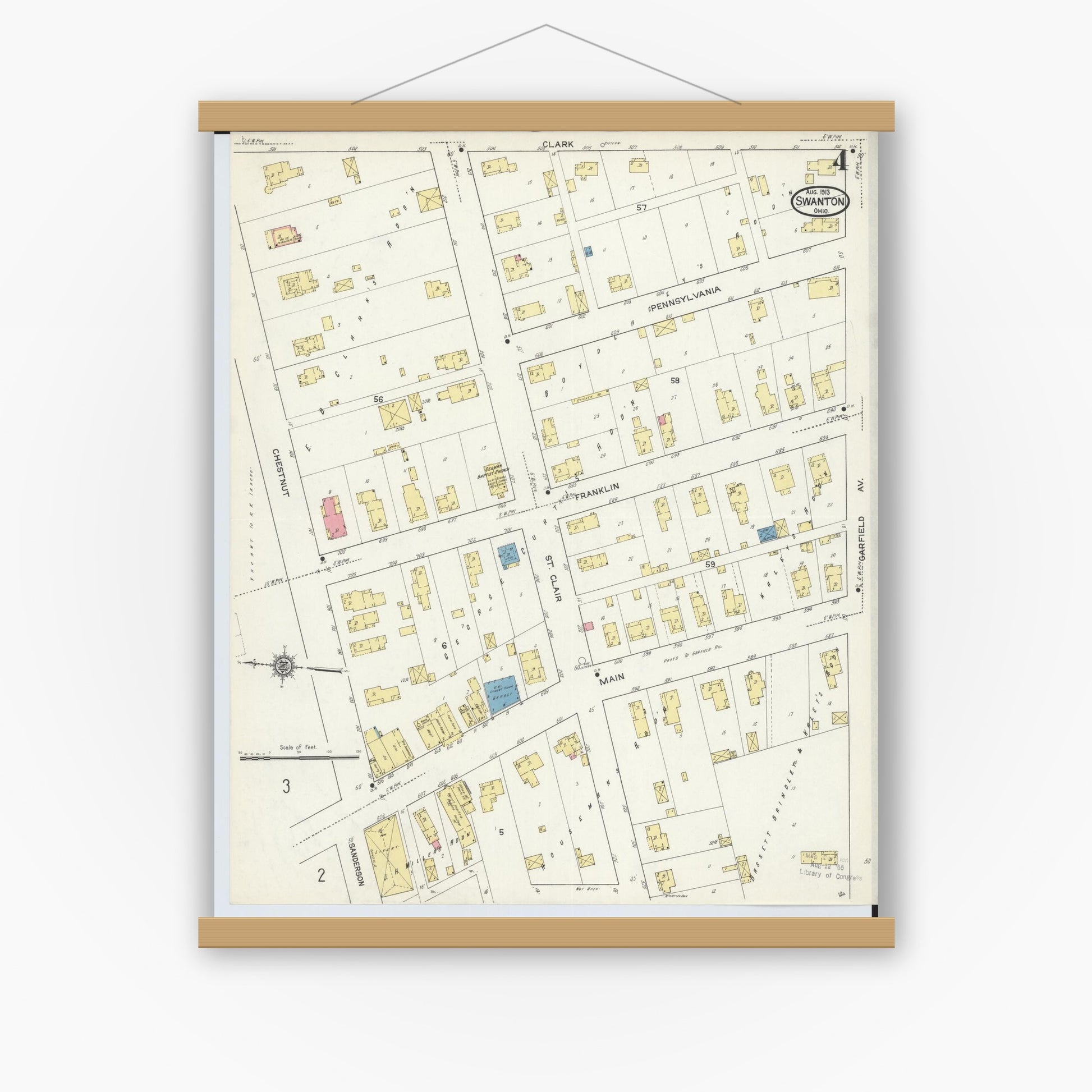Old map wall art mockup — magnetic wood frame on white wall — Sanborn Fire Insurance Map from Swanton, Fulton County, Ohio (1913), Sheet #0004