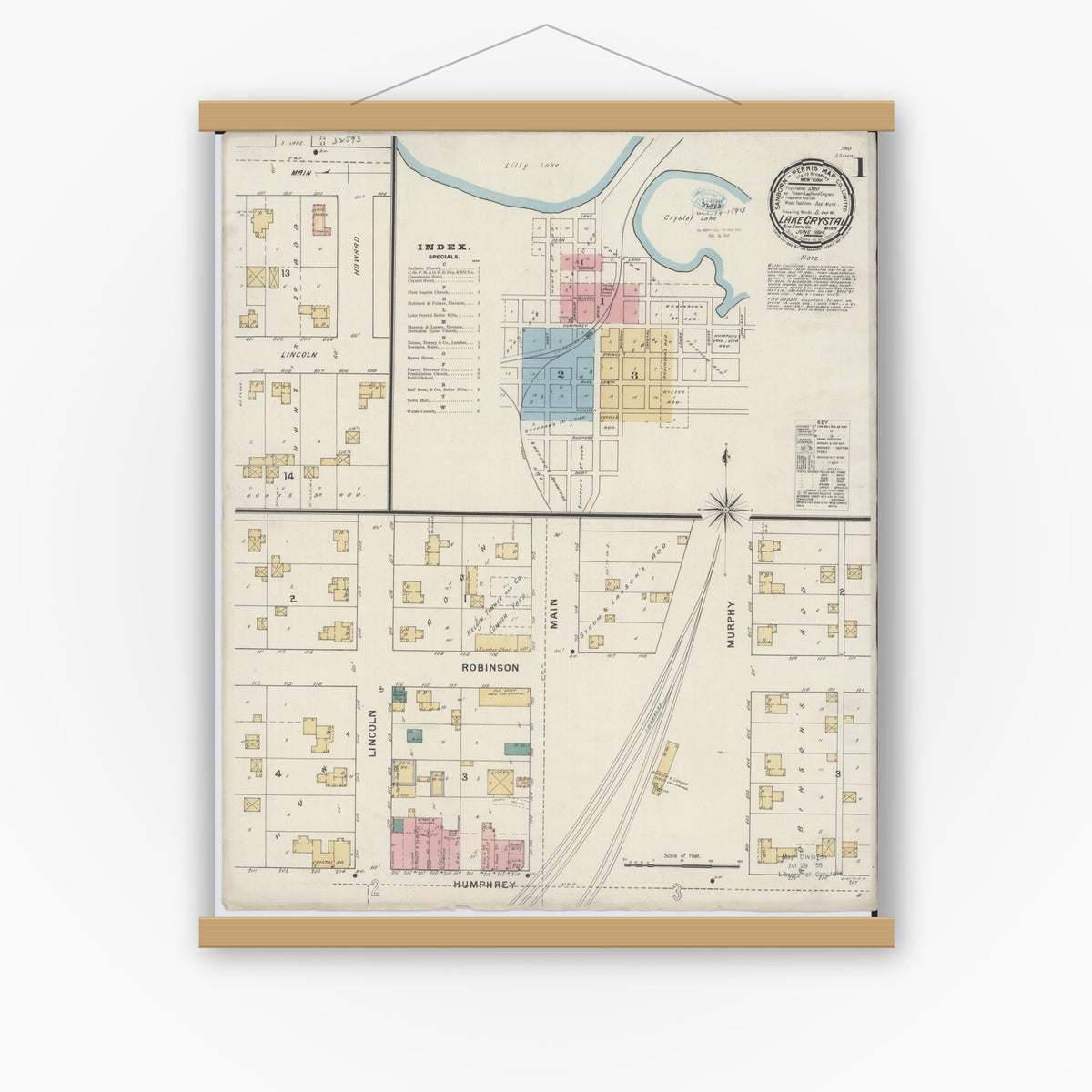 Old map wall art mockup — magnetic wood frame on white wall — Sanborn Fire Insurance Map from Lake Crystal, Blue Earth County, Minnesota (1894) - Complete Map Set