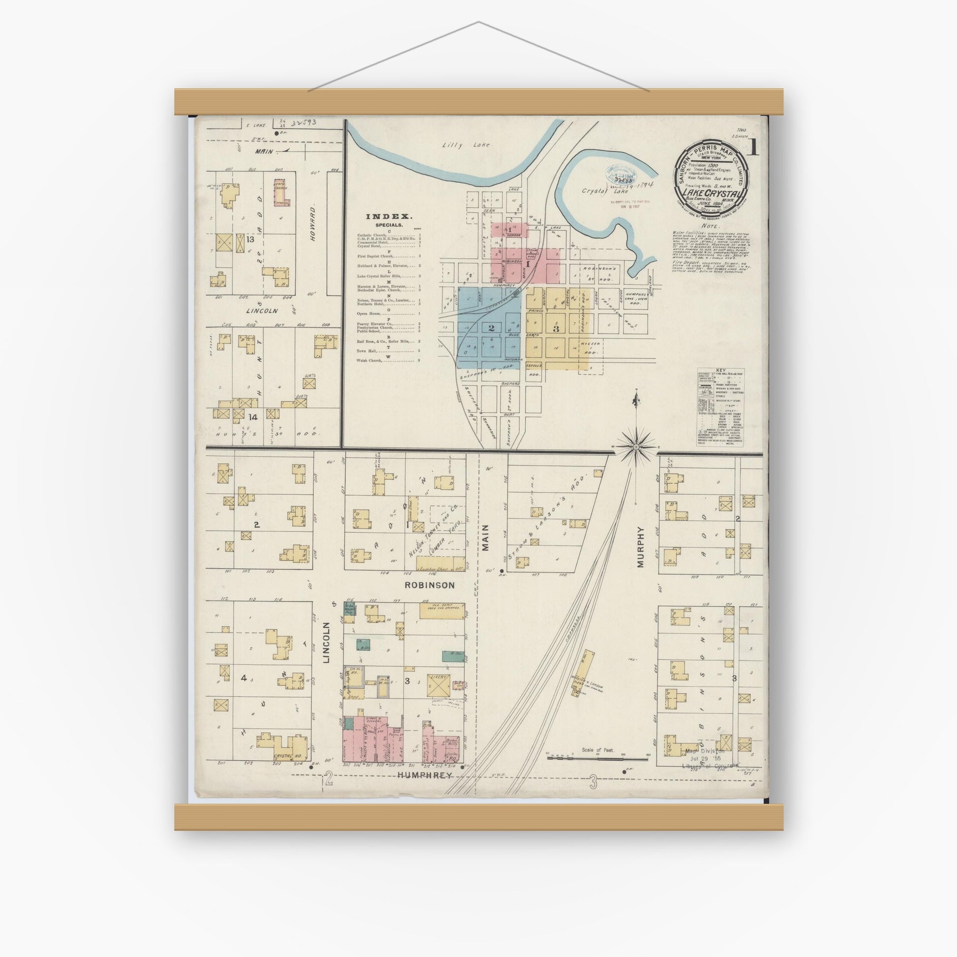 Old map wall art mockup — magnetic wood frame on white wall — Sanborn Fire Insurance Map from Lake Crystal, Blue Earth County, Minnesota (1894) - Complete Map Set