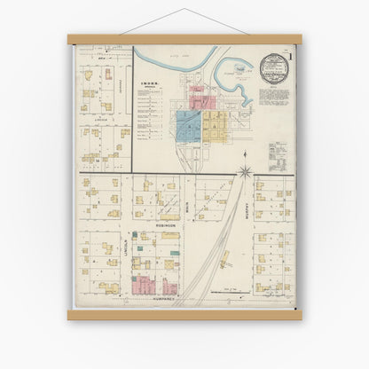 Old map wall art mockup — magnetic wood frame on white wall — Sanborn Fire Insurance Map from Lake Crystal, Blue Earth County, Minnesota (1894) - Complete Map Set