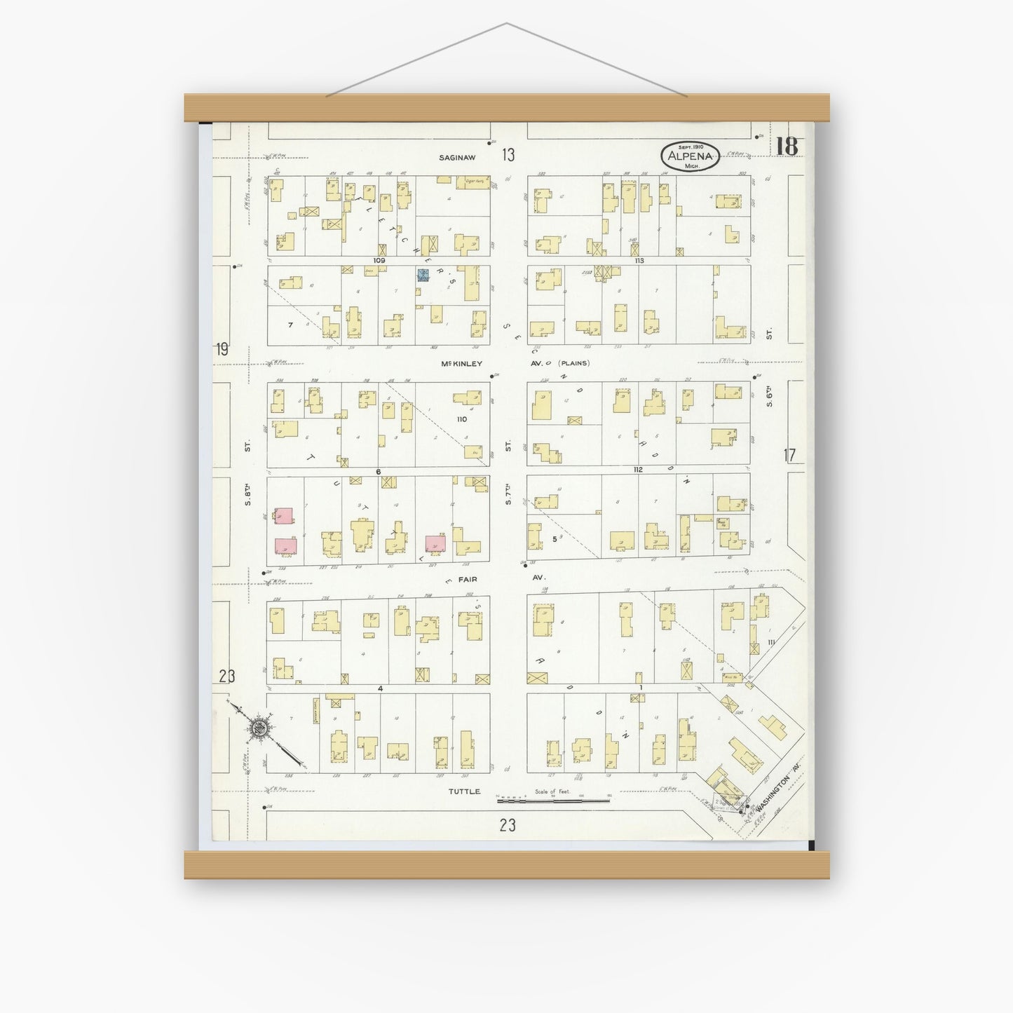 Old map wall art mockup — magnetic wood frame on white wall — Sanborn Fire Insurance Map from Alpena, Alpena County, Michigan (1910), Sheet #0018