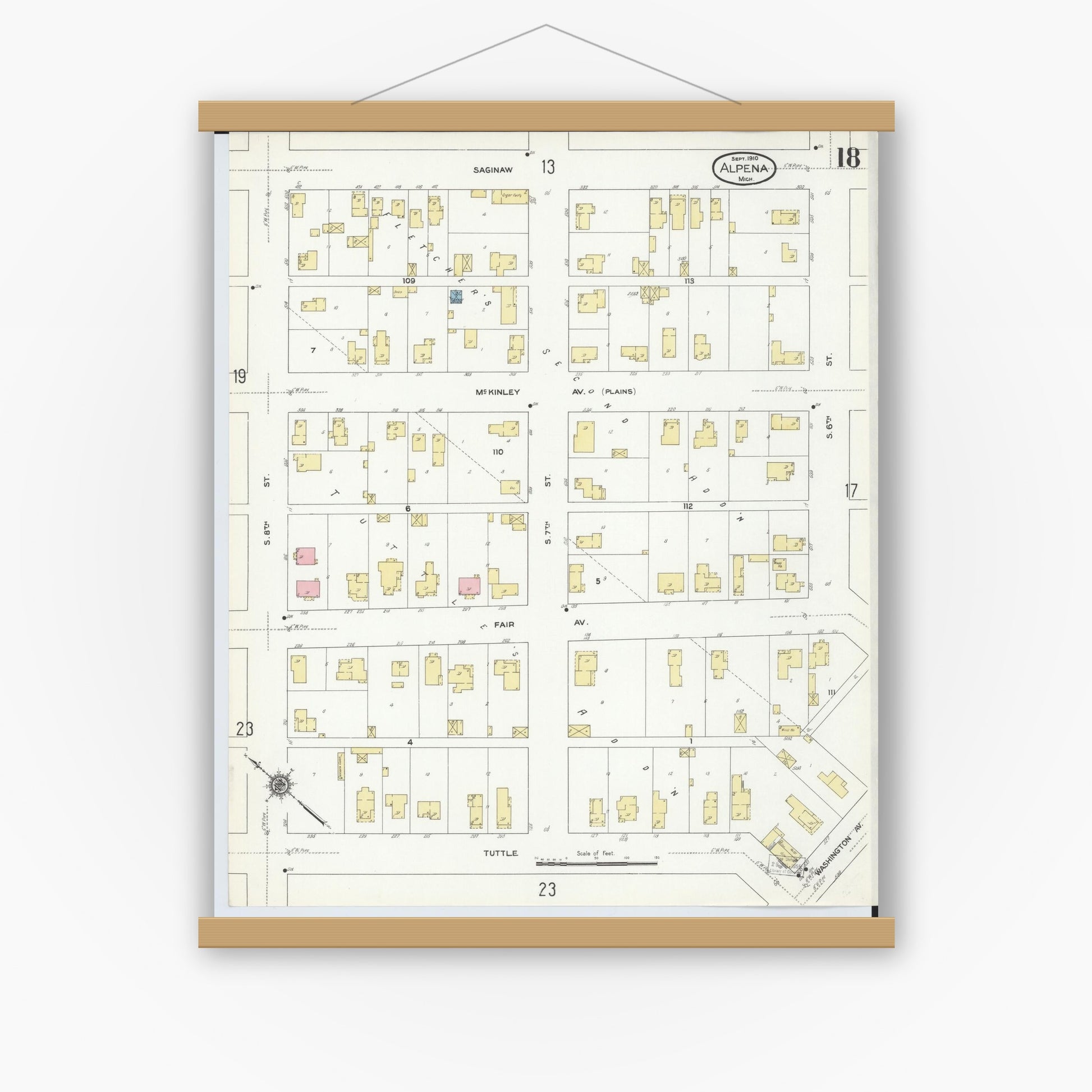 Old map wall art mockup — magnetic wood frame on white wall — Sanborn Fire Insurance Map from Alpena, Alpena County, Michigan (1910), Sheet #0018