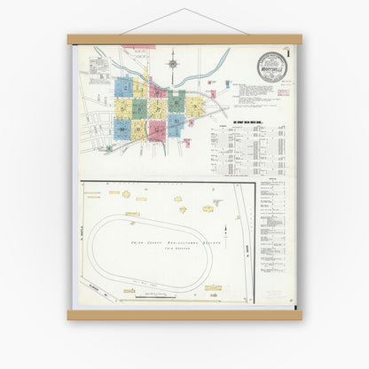 Old map wall art mockup — magnetic wood frame on white wall — Sanborn Fire Insurance Map from Marysville, Union County, Ohio (1910) - Complete Map Set