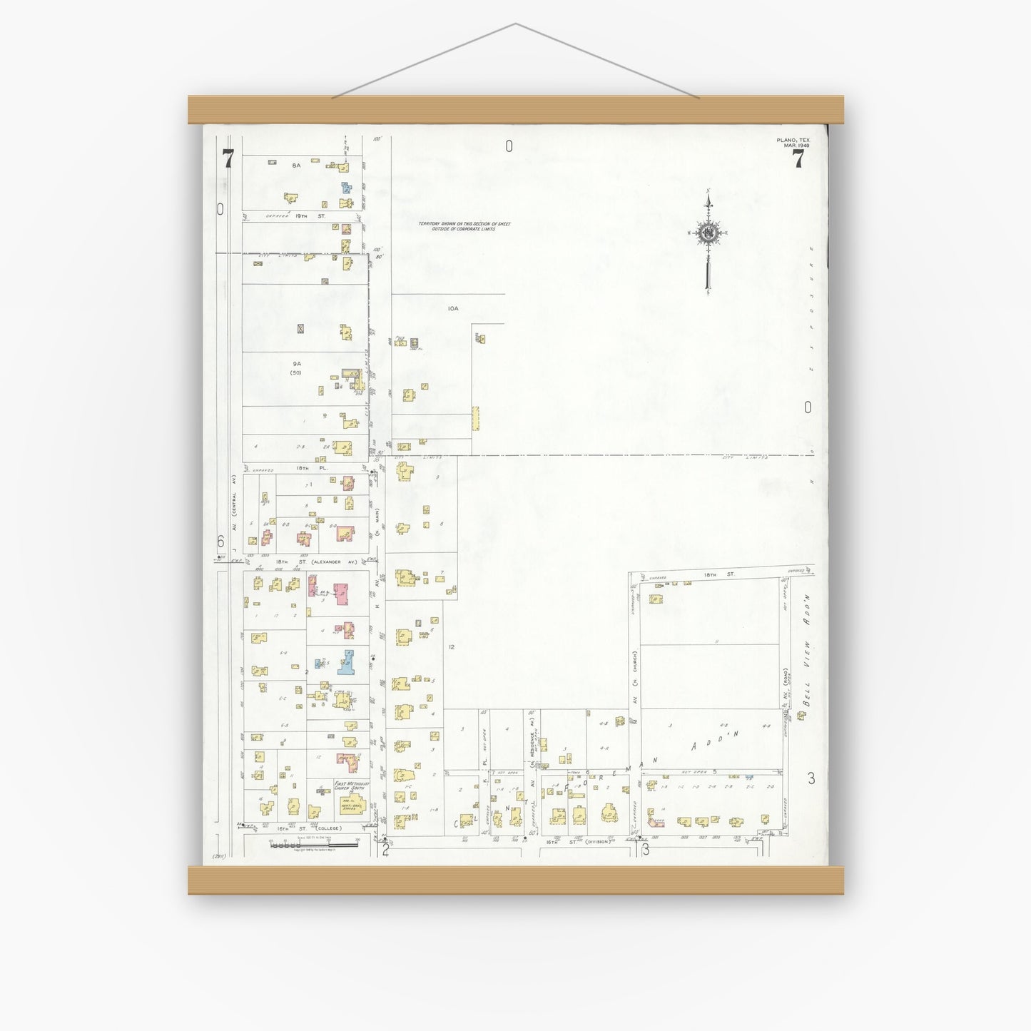 Old map wall art mockup — magnetic wood frame on white wall — Sanborn Fire Insurance Map from Plano, Collin County, Texas (1949), Sheet #0007