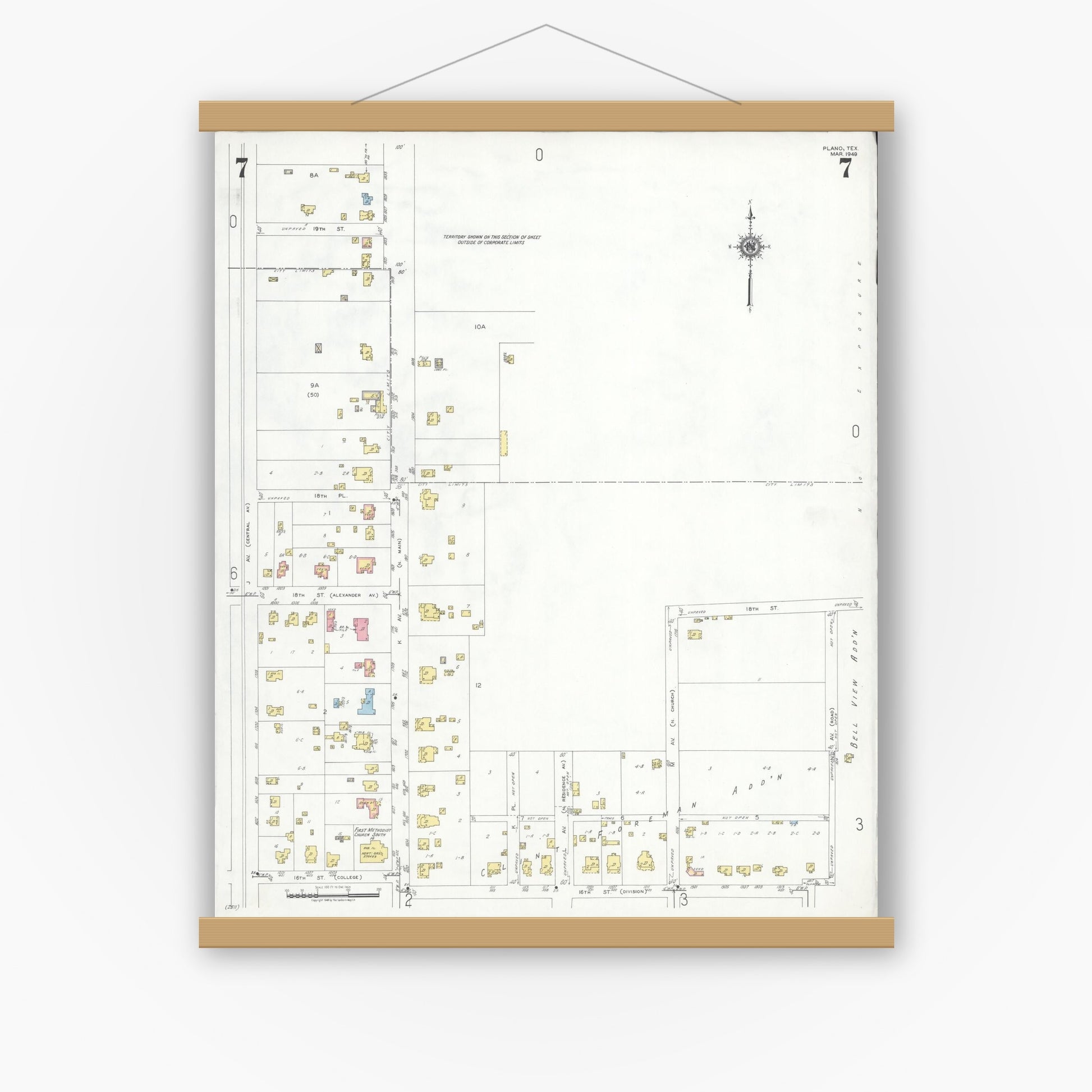 Old map wall art mockup — magnetic wood frame on white wall — Sanborn Fire Insurance Map from Plano, Collin County, Texas (1949), Sheet #0007