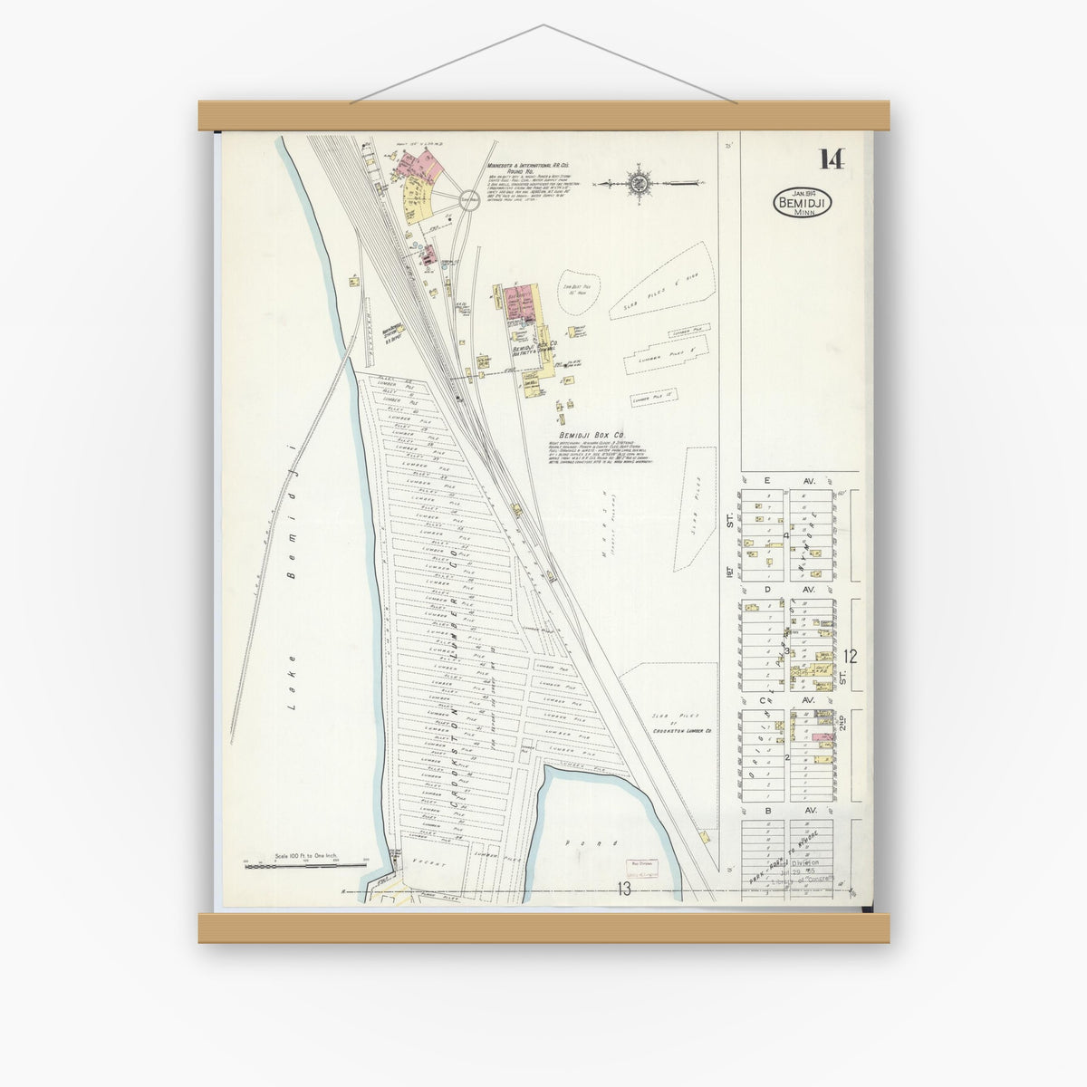 Old map wall art mockup — magnetic wood frame on white wall — Sanborn Fire Insurance Map from Bemidji, Beltrami County, Minnesota (1914), Sheet #0014