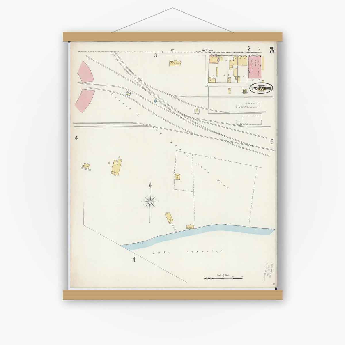 Old map wall art mockup — magnetic wood frame on white wall — Sanborn Fire Insurance Map from Two Harbors, Lake County, Minnesota (1897), Sheet #0005