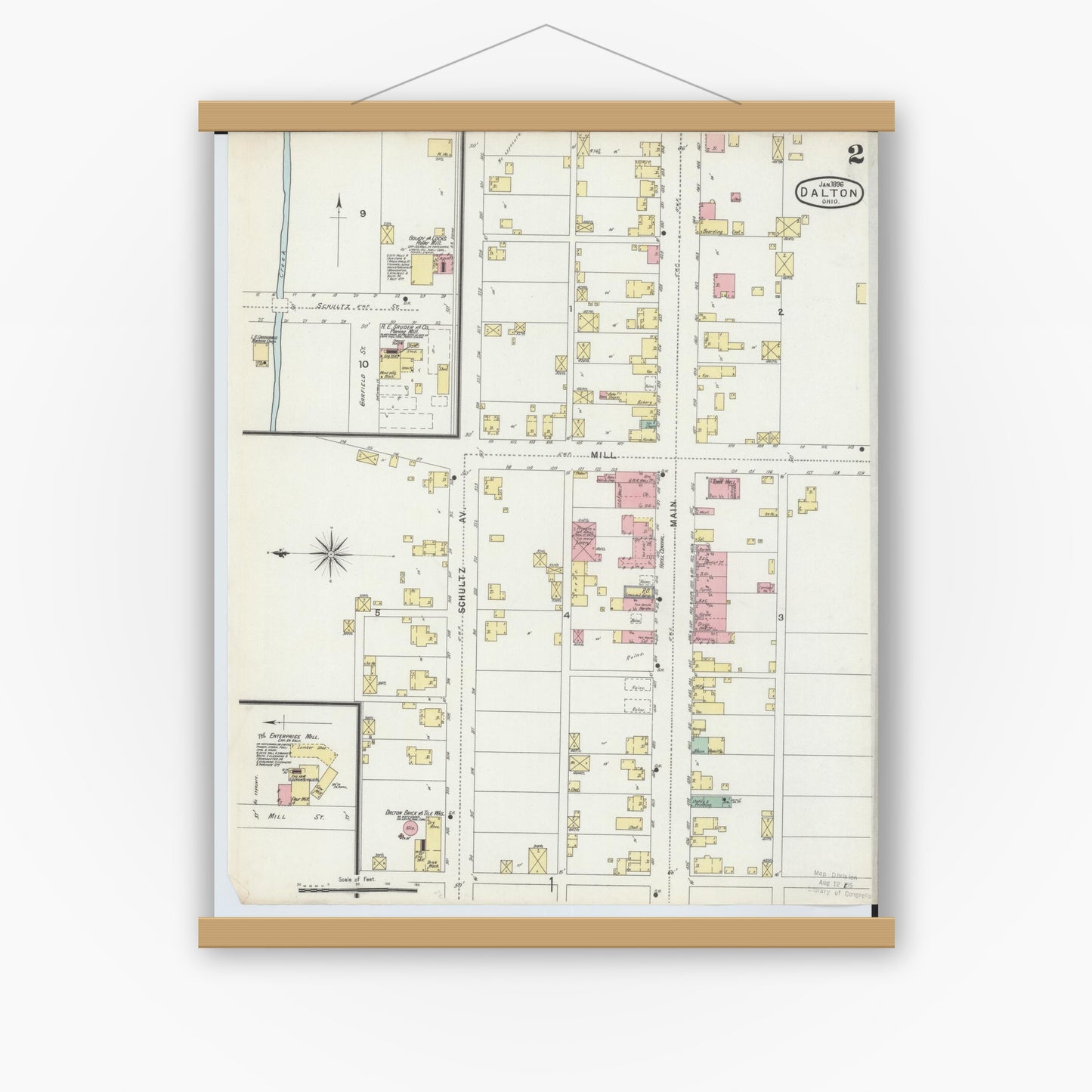 Old map wall art mockup — magnetic wood frame on white wall — Sanborn Fire Insurance Map from Dalton, Wayne County, Ohio (1896), Sheet #0002