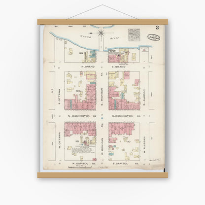 Old map wall art mockup — magnetic wood frame on white wall — Sanborn Fire Insurance Map from Lansing, Ingham County, Michigan (1885), Sheet #0003