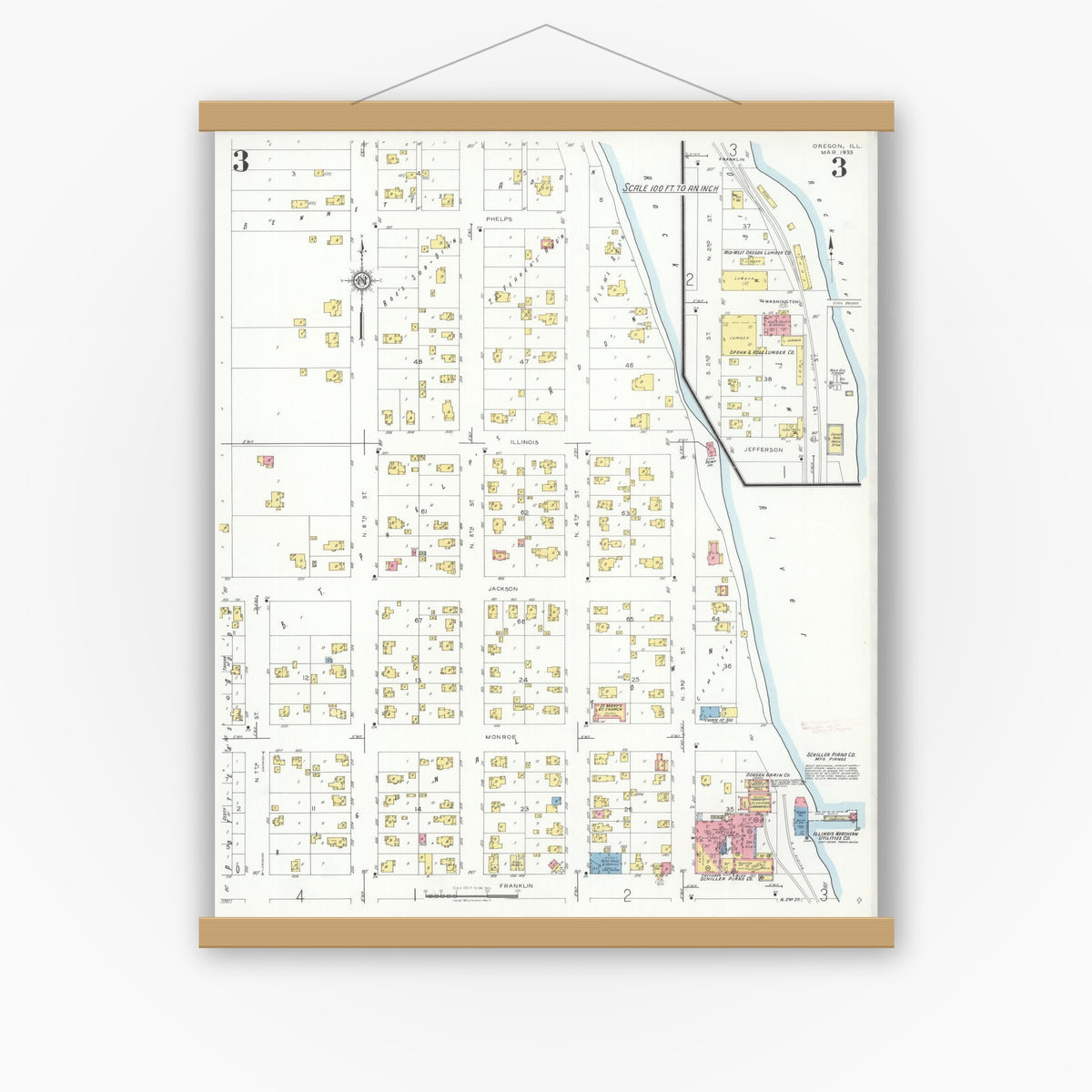 Old map wall art mockup — magnetic wood frame on white wall — Sanborn Fire Insurance Map from Oregon, Ogle County, Illinois (1933), Sheet #0003