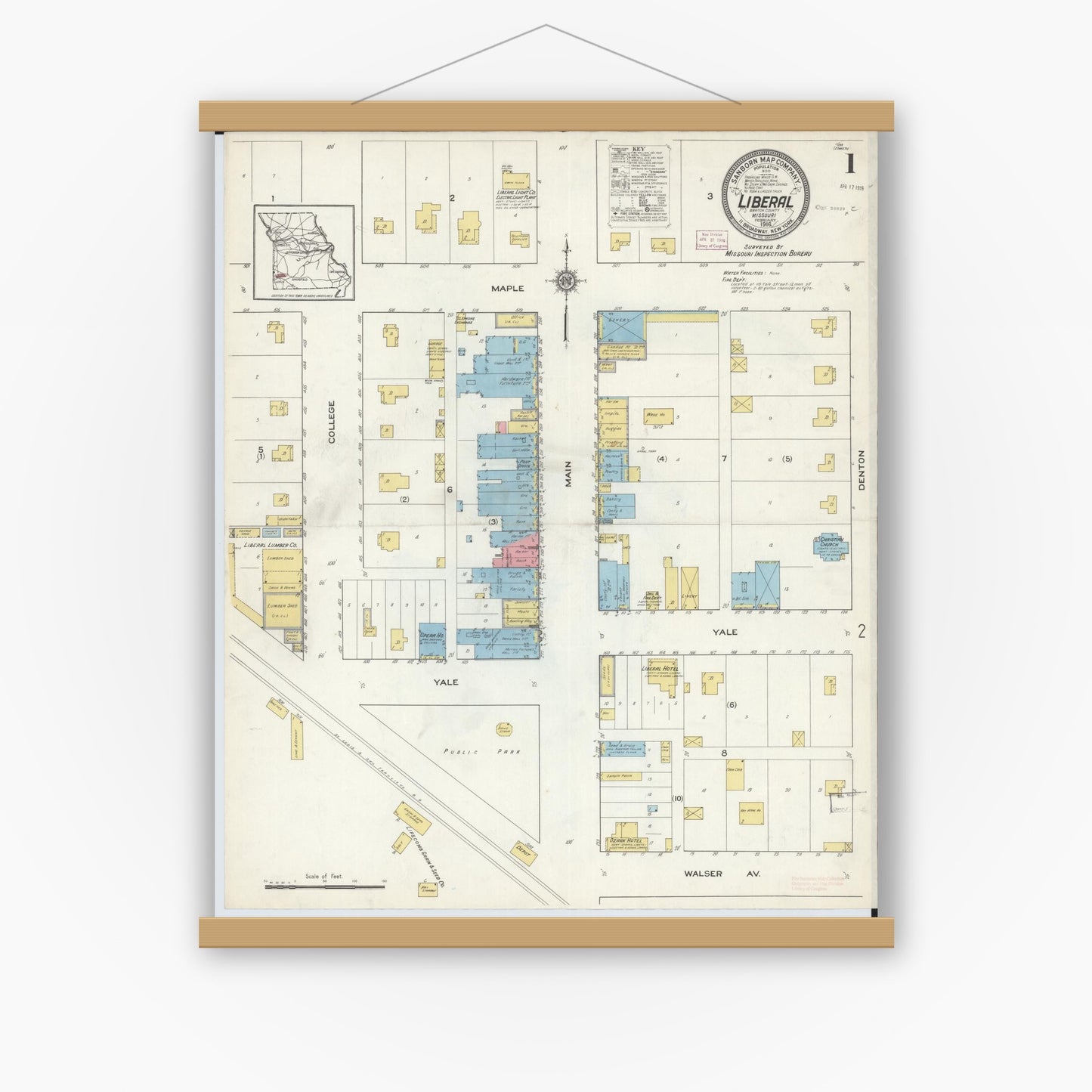Old map wall art mockup — magnetic wood frame on white wall — Sanborn Fire Insurance Map from Liberal, Barton County, Missouri (1916) - Complete Map Set