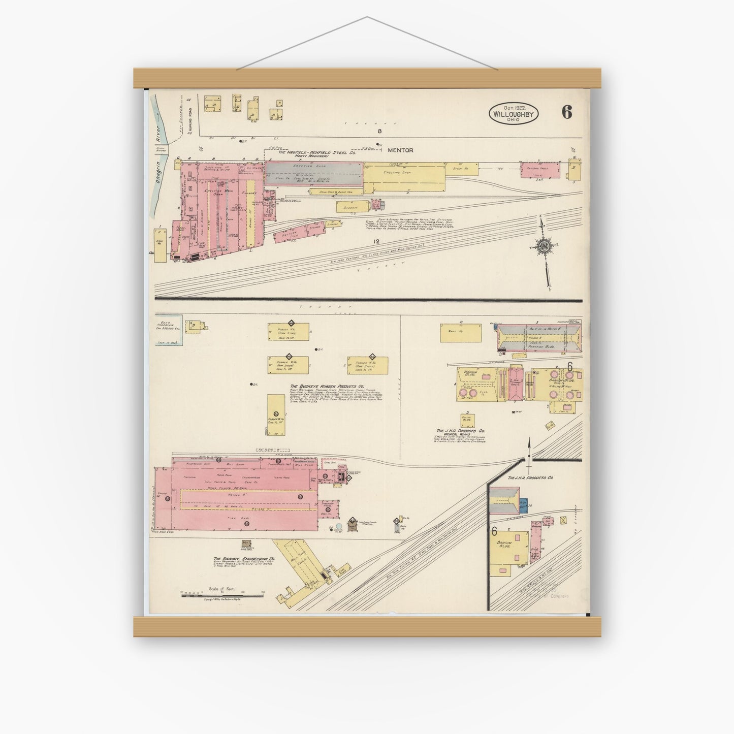 Old map wall art mockup — magnetic wood frame on white wall — Sanborn Fire Insurance Map from Willoughby, Lake County, Ohio (1922), Sheet #0006
