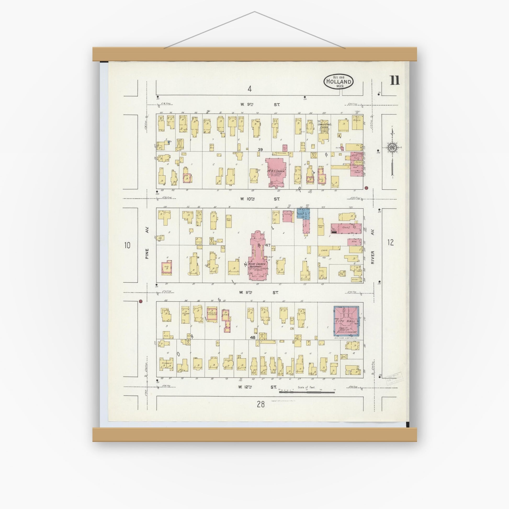 Old map wall art mockup — magnetic wood frame on white wall — Sanborn Fire Insurance Map from Holland, Ottawa County, Michigan (1916), Sheet #0011