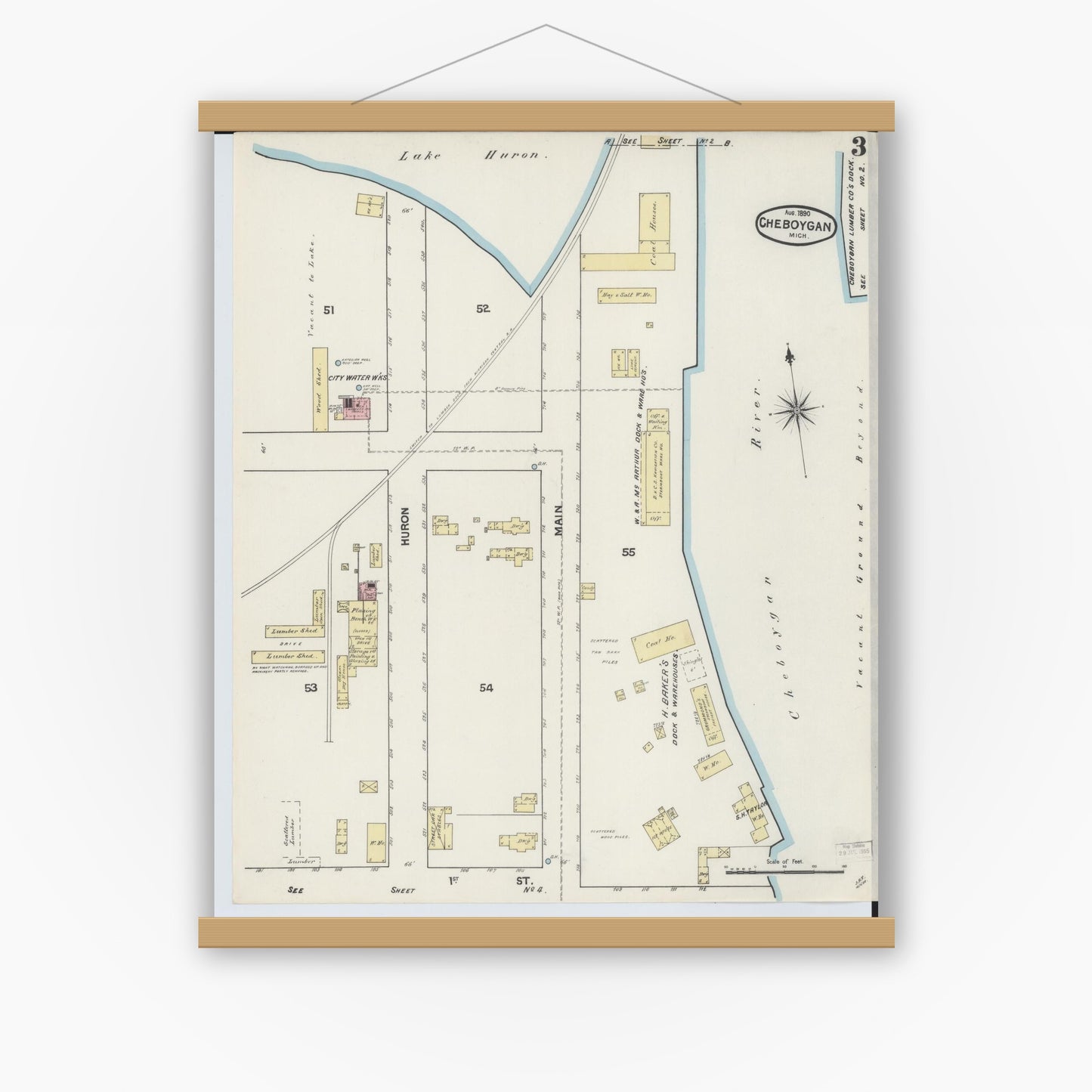 Old map wall art mockup — magnetic wood frame on white wall — Sanborn Fire Insurance Map from Cheboygan, Cheboygan County, Michigan (1890), Sheet #0003