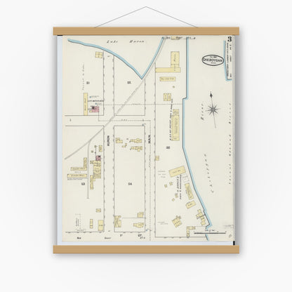 Old map wall art mockup — magnetic wood frame on white wall — Sanborn Fire Insurance Map from Cheboygan, Cheboygan County, Michigan (1890), Sheet #0003